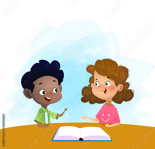 Two kids talking and discuss book in library.