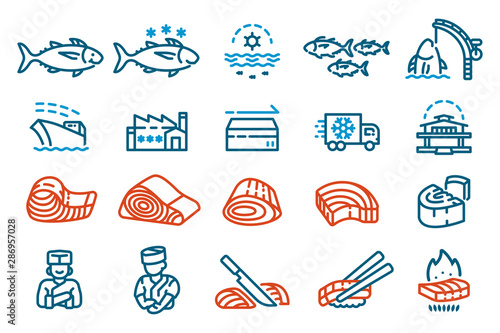 The industry produces Tuna for sale to supermarket and restaurants. Icon for a seafood product features and production process.