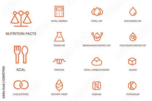 Nutrition facts outline icon modern sharp corner style. Symbols of common nutrients food products.