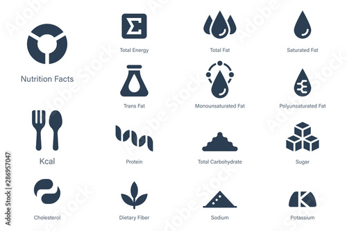 Nutrition facts icon in Glyph style. Symbols of common nutrients food products.