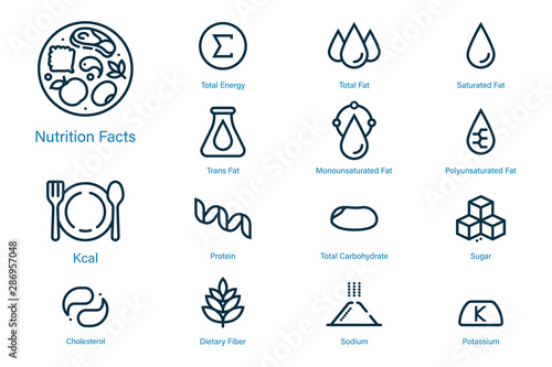 Nutrition facts icon in outline style suitable for label modern product and content. Symbols of common nutrients food products.