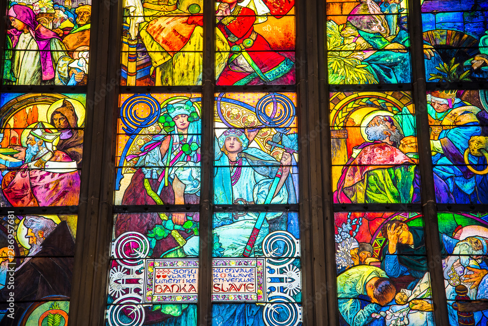 Beautiful stained glass windows in church in Prague in the Czech Republic