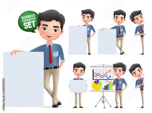 Businessman presentation characters vector set. Business man character with whiteboard presenting and showing sales chart isolated in white background. Vector illustration.