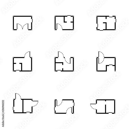 Set of black and white floor plan of living room. Top view of interior blank, vector illustration