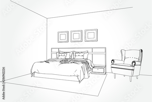 Linear sketch of an interior. Room plan. Sketch Line bedrooms. Vector illustration.outline sketch drawing perspective of a interior space