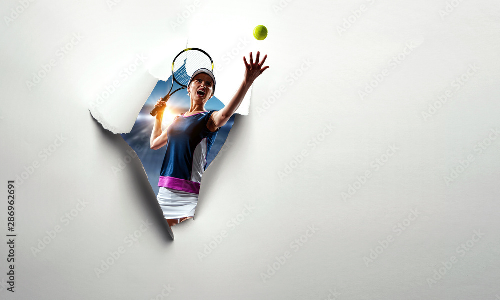 Paper breakthrough hole effect and tennis player - obrazy, fototapety, plakaty 