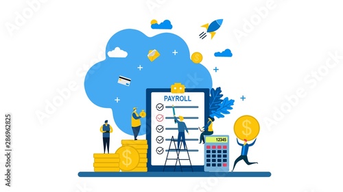 	 Payroll, Salary payment with Tiny People Character Concept Vector Illustration, Suitable For web landing page,Wallpaper, Background, Card, banner,Book Illustration