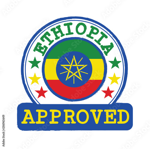 Vector Stamp of Approved logo with Ethiopia Flag in the round shape on the center.