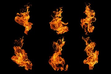 Fire flames collection isolated on black background, movement of fire flames