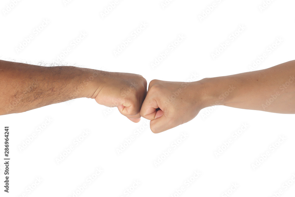 Two men bumping fists isolated on white