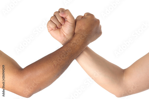 Two people are wrestle with arms on white