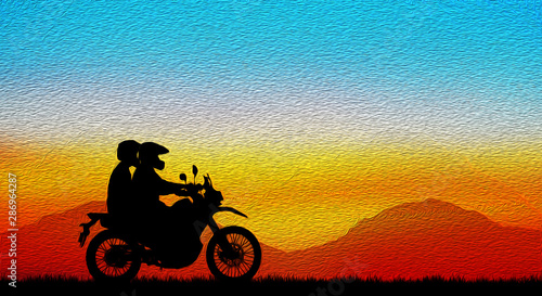 silhouette of lover couple in sunset with classic motorcycle oil painting