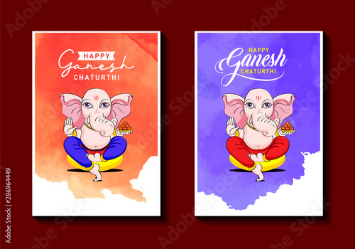 Happy Ganesh Chaturthi. Indian Festival of cute lord Ganapati Invite, Invitation, Banner, Logo, Concept, Greeting, Card, Template, Icon, Poster, Unit, Label, Web, Mnemonic on water color background