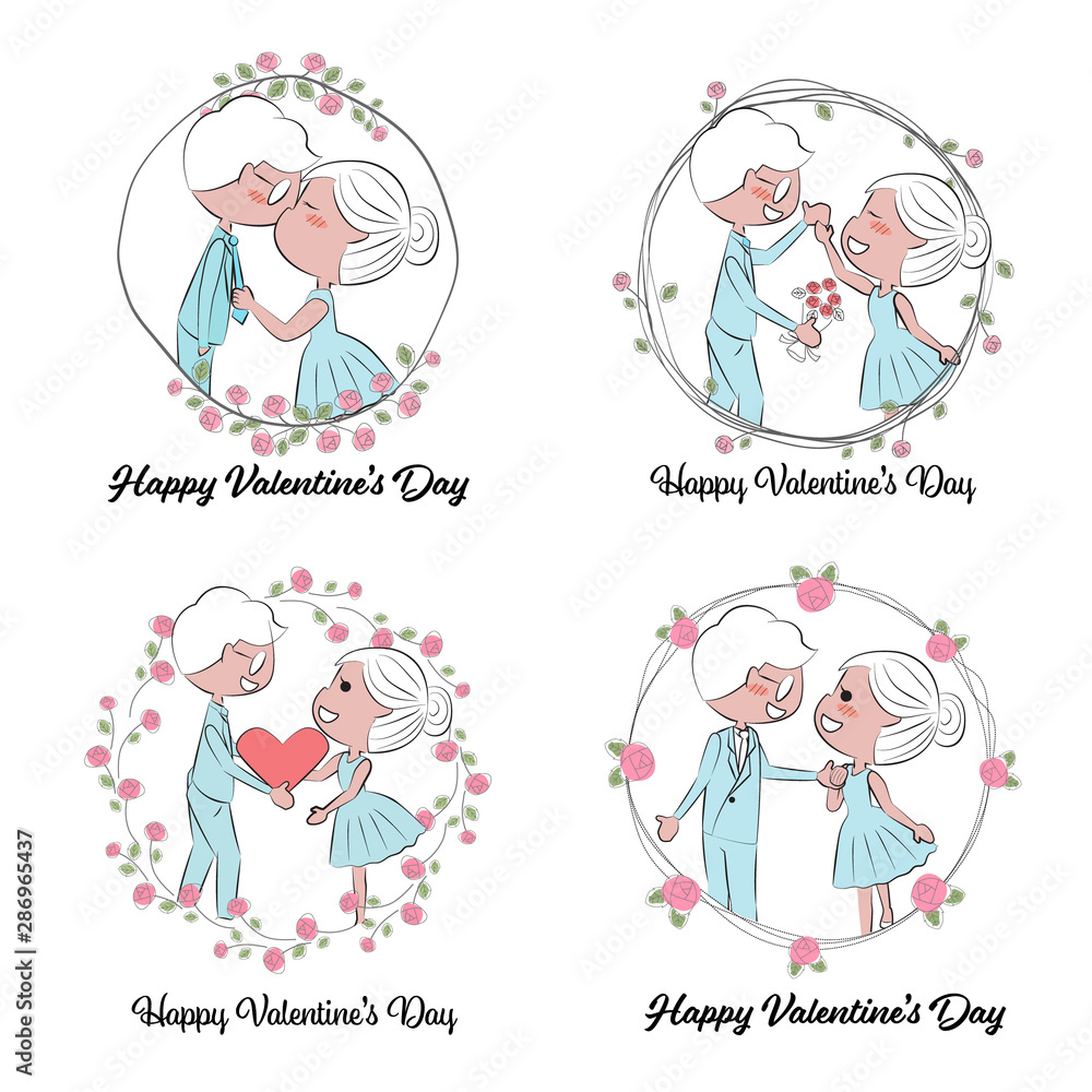 Valentine couple in doodle rose wreath frame collection eps10 vectors illustration