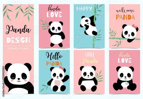 Collection of birthday background set with panda bamboo.Editable vector illustration for birthday invitation postcard and sticker.Wording include hello