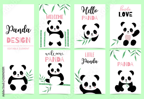 Fototapeta Naklejka Na Ścianę i Meble -  Collection of birthday background set with panda,bamboo.Editable vector illustration for birthday invitation,postcard and sticker.Wording include hello