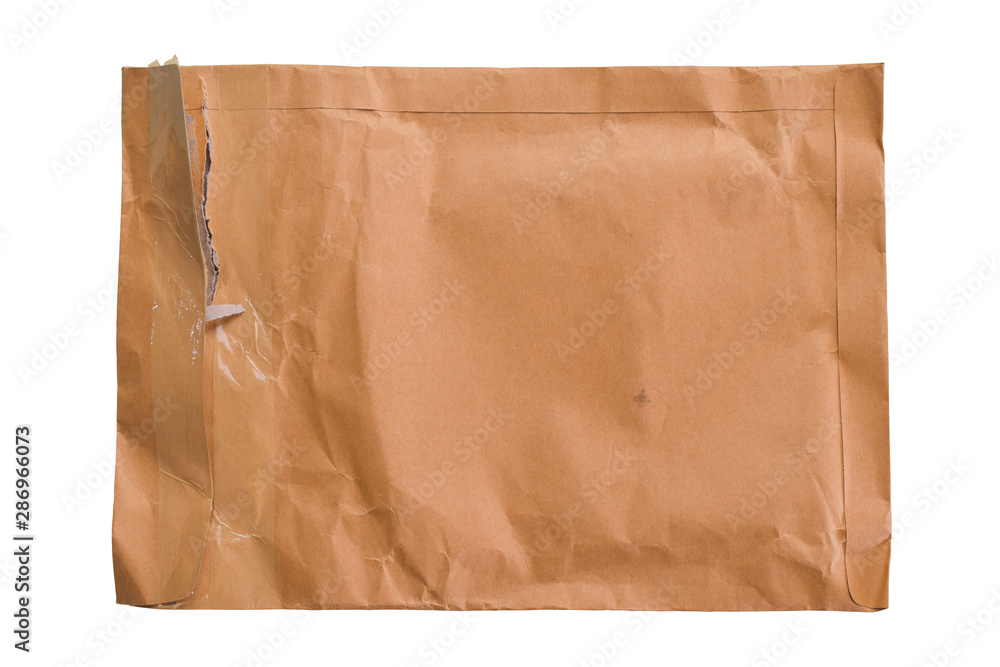 Brown torn paper envelope isolated on white background.