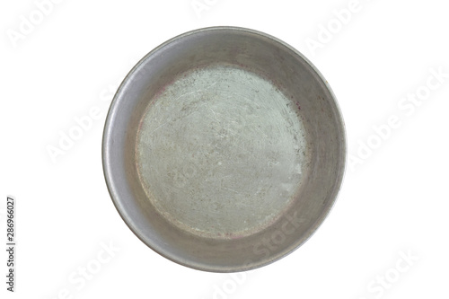 Top view of old stainless steel cup isolated on white background. Object with clipping path
