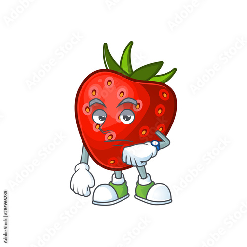 Waiting sweet strawberry cartoon character for dessert