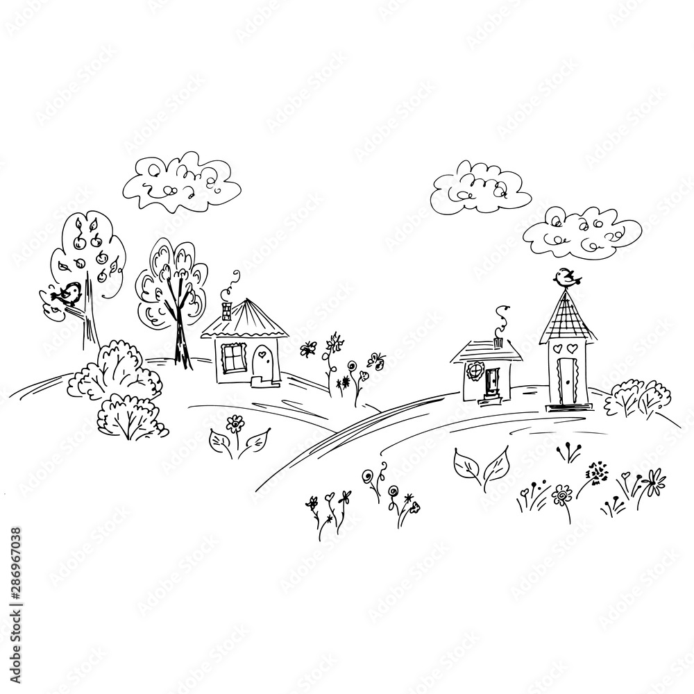 Sketch of countryside house surrounded by trees. Hand drawn vector illustration. Line art