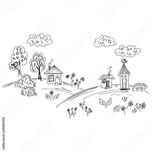 Sketch of countryside house surrounded by trees. Hand drawn vector illustration. Line art