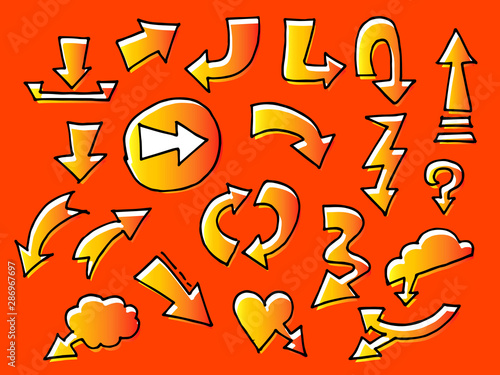 doodle set of comic arrow. design element for comic book style. pop art style.isolated on orange background