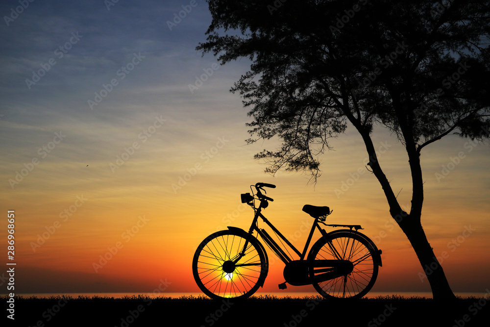 Fototapeta premium silhouette vintage bike on sunrise