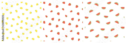 Kid's seamless pattern. Smiling lemon, strawberry, watermelon. Exotic fruit fashion print. Design elements for baby textile or clothes. Hand drawn doodle. Tropical wallpaper for children