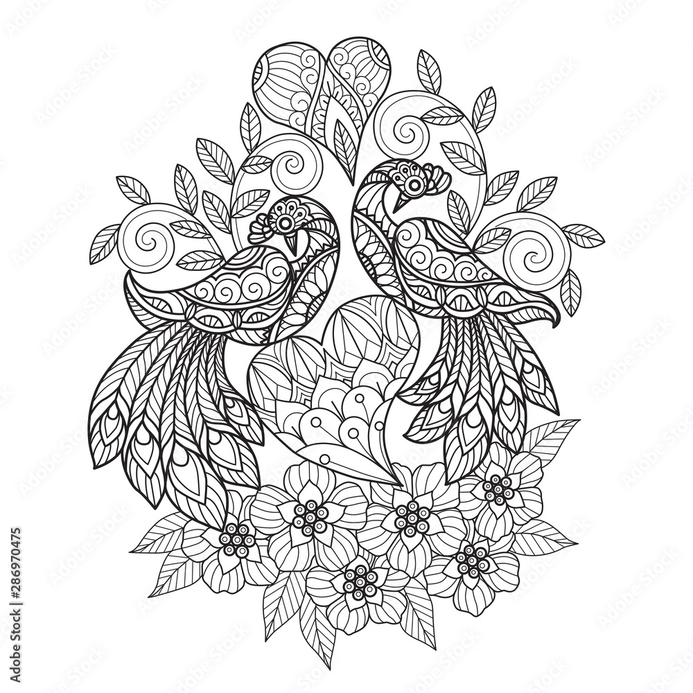 Hand drawn sketch illustration of bird in love for adult coloring book. Hand drawn sketch illustration of bird in love for adult coloring book.