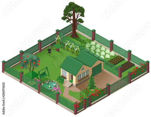 Private country house cottage and garden. American suburbia home isometric illustration