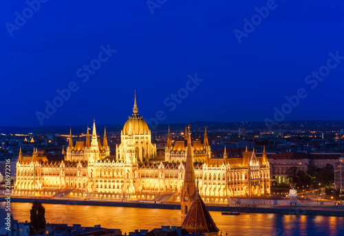 Budapest parliament building at night. blue sky background