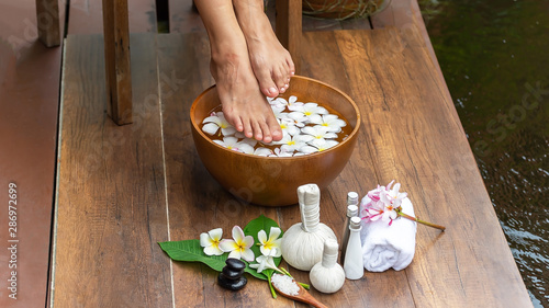 Spa treatment and product for female feet and hand spa, selective and soft focus, copy space