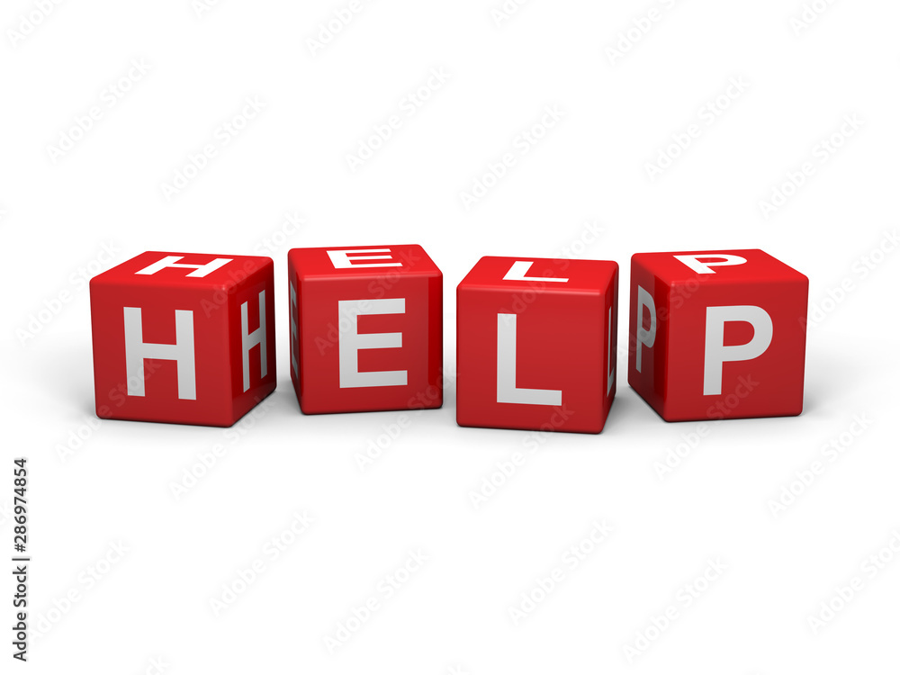 The word HELP out of red letter dices The word HELP out of red letter dices