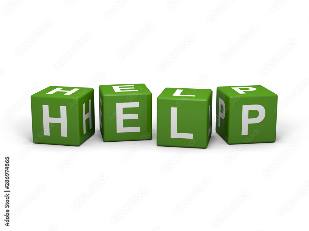 The word HELP out of green letter dices The word HELP out of green letter dices