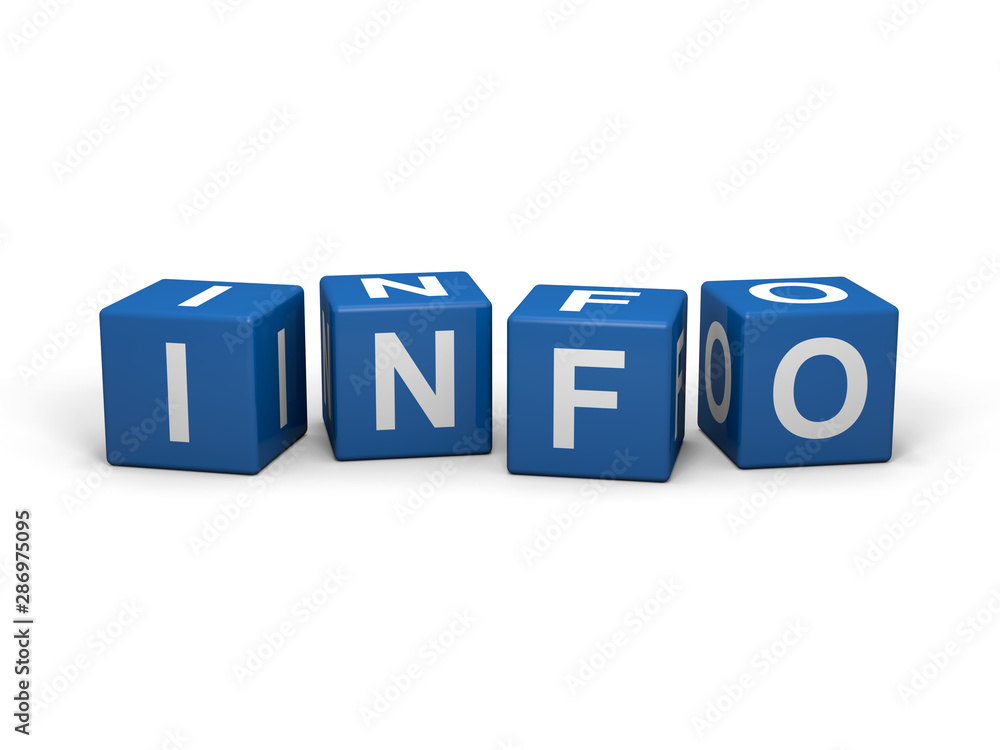 The word INFO out of blue letter dices The word INFO out of blue letter dices