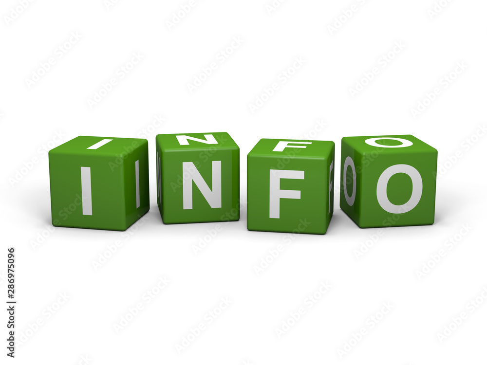 The word INFO out of green letter dices The word INFO out of green letter dices