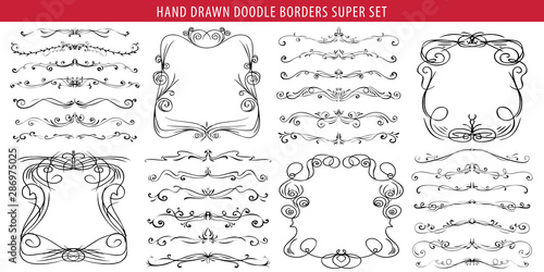 Hand drawn vector ornate swirl doodle vintage calligraphic design elements. Borders, frames, dividers set for wedding greeting and invitation card.
