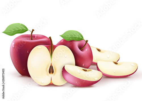 Red Fresh Apples Whole, Half and Sliced Wet and with Water Splash 3D Realistic in Isolated White Background Vector Illustration 