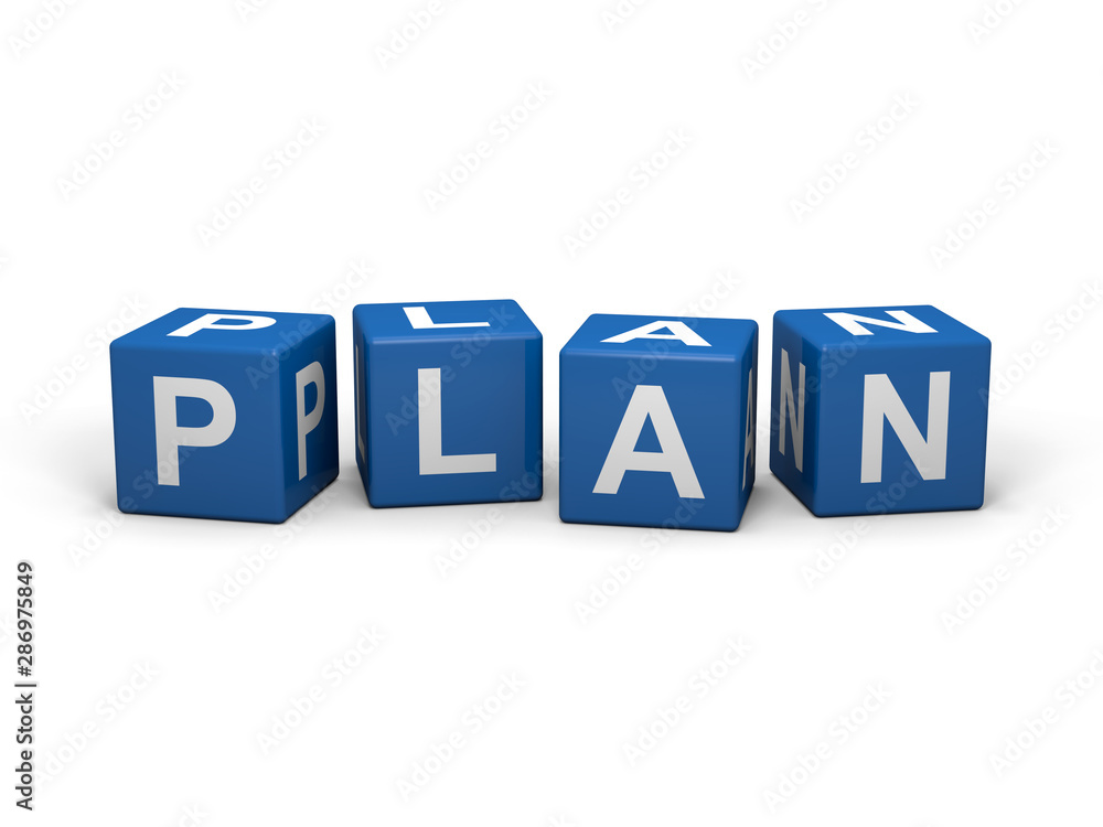 The word PLAN out of blue letter dices The word PLAN out of blue letter dices