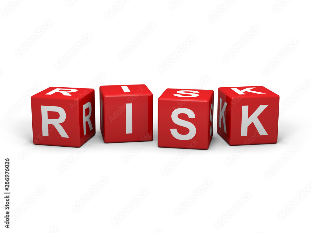 The word RISK out of red letter dices The word RISK out of red letter dices