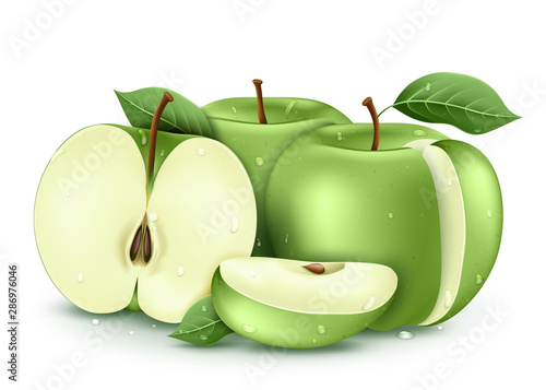 Wet Green Ripe Fresh Apples Sliced and Whole 3D Realistic with Water drops and Leaves In Isolated White Background Vector Illustration