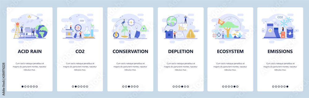 Mobile app onboarding screens. Earth pollution, co2 gas emission, save the planet, nature conservation. Vector banner template for website and mobile development. Web site design flat illustration