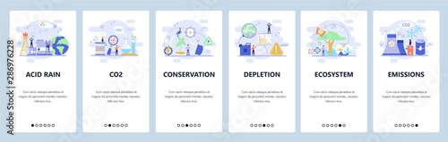 Mobile app onboarding screens. Earth pollution, co2 gas emission, save the planet, nature conservation. Vector banner template for website and mobile development. Web site design flat illustration