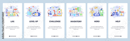 Mobile app onboarding screens. Cybersport, computer games, VR console, video game controller. Menu vector banner template for website and mobile development. Web site design flat illustration