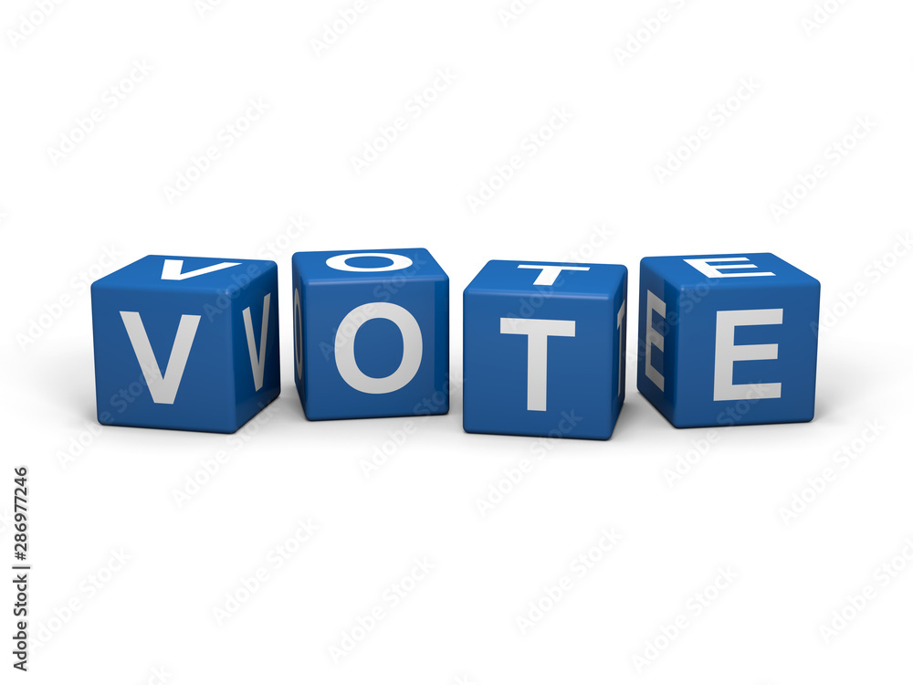 The word VOTE out of blue letter dices The word VOTE out of blue letter dices