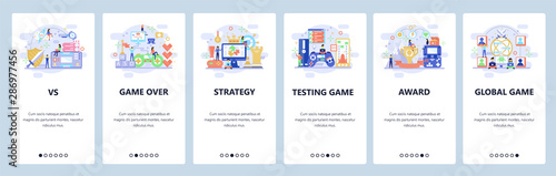 Mobile app onboarding screens. Online computer games, strategy, game over, winner, console controller. Menu vector banner template for website and mobile development. Web site design flat illustration