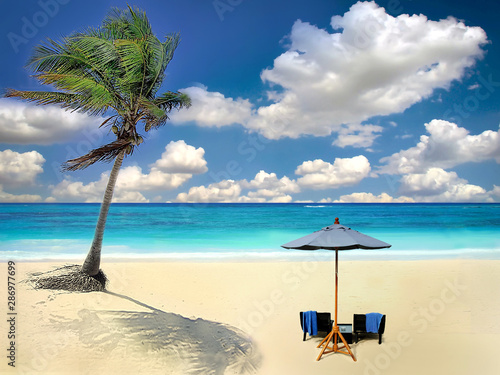 Fototapeta Naklejka Na Ścianę i Meble -  Tropical beach With Umbrella with and two chairs