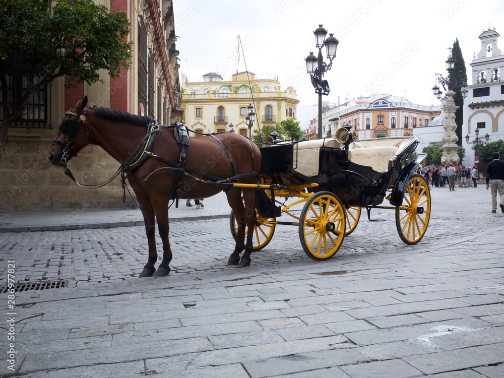 Yellow horse carriage in Seville
