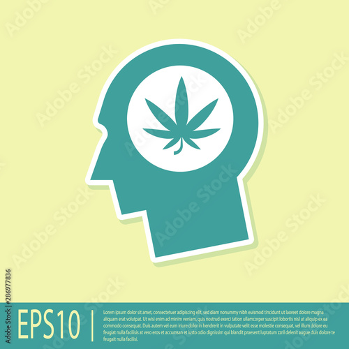 Green Silhouette of male head in profile with marijuana or cannabis leaf icon isolated on yellow background. Marijuana legalization. Hemp symbol. Vector Illustration