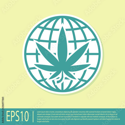 Green Legalize marijuana or cannabis globe symbol icon isolated on yellow background. Hemp symbol. Vector Illustration